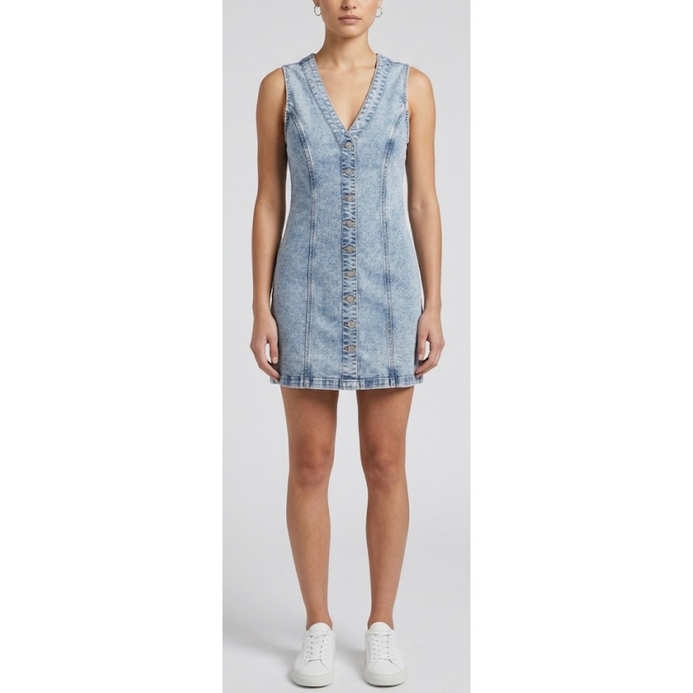 Frye Light Acid Wash Denim Button Front V-Neck Sleeveless Mini Dress Size M NEW